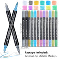 Dual-Tip Metallic Acrylic Markers 2 in1 Fine&Brush Tip Paint Pen for Black Paper,Rock Painting,Glass Craft,Card Making Scrapbook