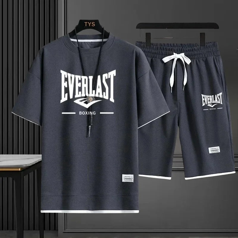 EVERLAST New Summer Men's Daily Casual Breathable Comfortable Loose Sports Set Fashion Brand Men's Waffle Top+Shorts 2-piece Set