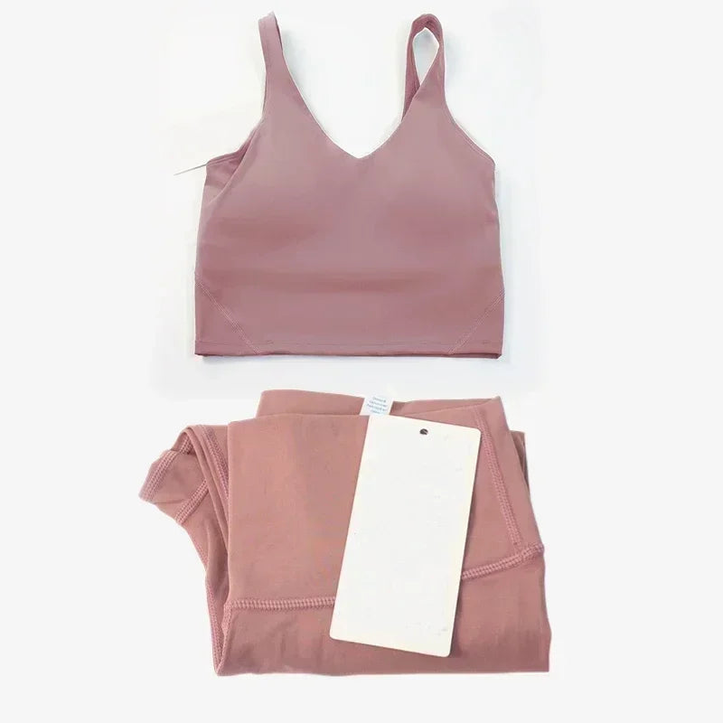 Classic women's 2-piece yoga outfit: U-shaped camisole top & high-waisted nude-feel leggings, suitable for fitness and workout.