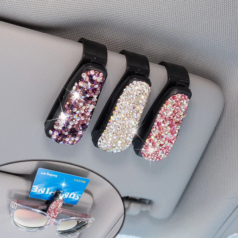Rhinestone Sun Visor Mount Sunglasses Clip Holder Portable Car Crystal Bracket Decoration Accessories