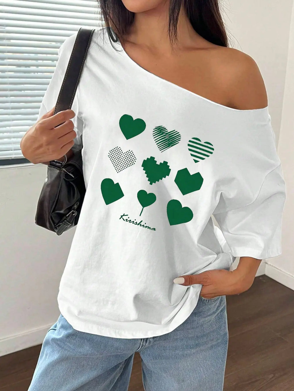 100% Cotton Plus Size Green Heart Pattern Shoulder Loose Print T-Shirt Oversized Y2K Style Graphic Tees Women Tops Summer Off