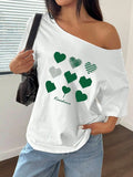 100% Cotton Plus Size Green Heart Pattern Shoulder Loose Print T-Shirt Oversized Y2K Style Graphic Tees Women Tops Summer Off