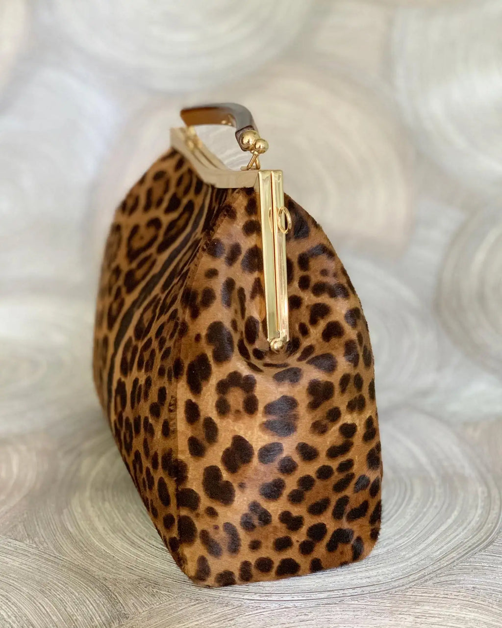Lost in Vintage Leather Leopard Print Bag Kisslock Bag Purse Shoulder Cross Bags Metal Frame Clutch Detachable Chain 33x23x8cm