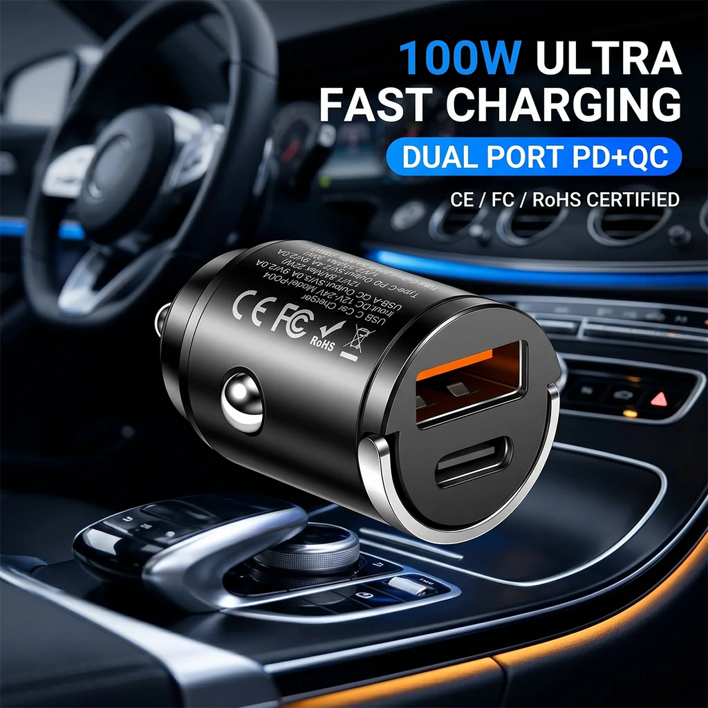 100W Mini Car Charger Dual Port PD Type C & QC USB A Fast Charging Adapter Flush Fit Stealth Pull Ring For 12V 24V Vehicles