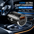 100W Mini Car Charger Dual Port PD Type C & QC USB A Fast Charging Adapter Flush Fit Stealth Pull Ring For 12V 24V Vehicles