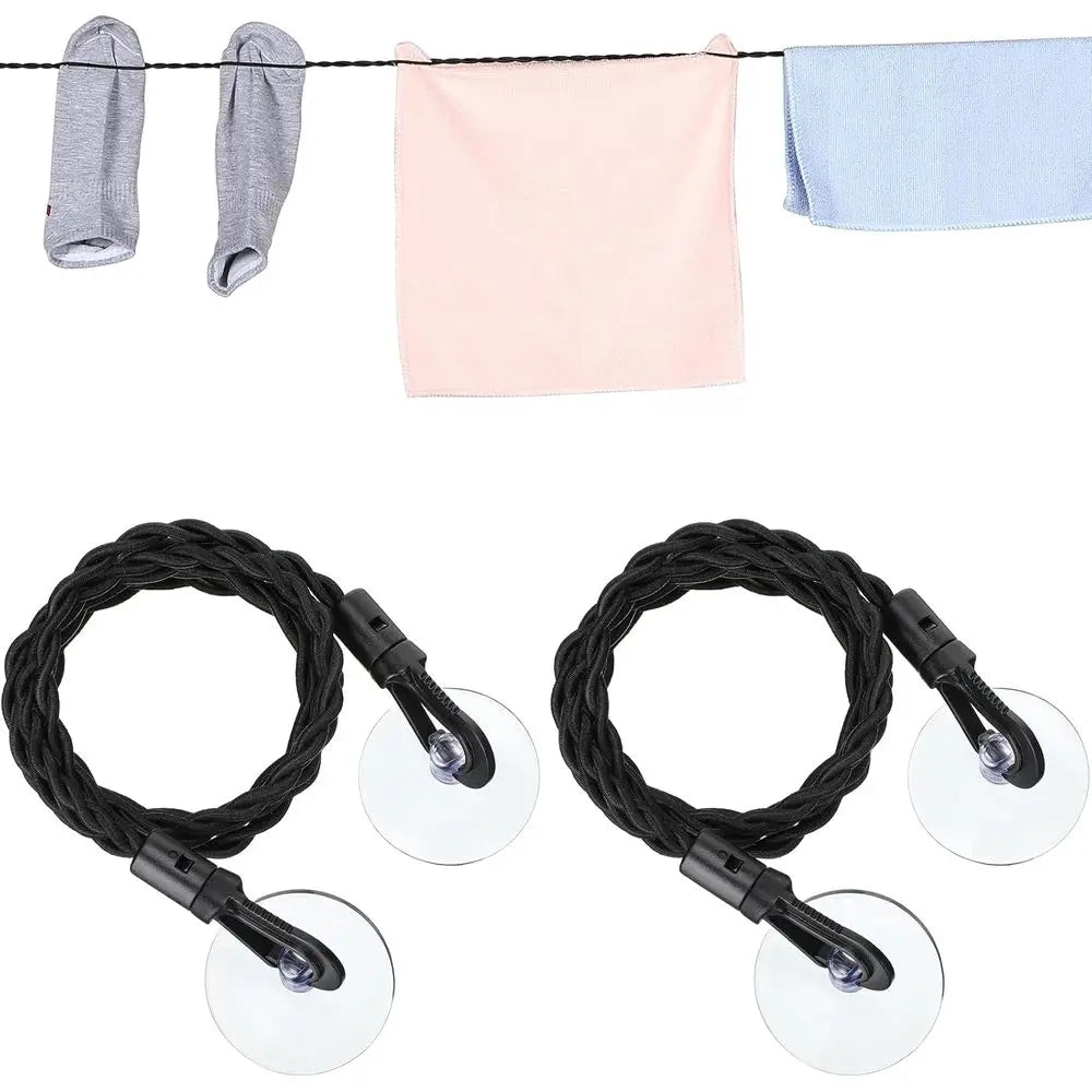 Portable Retractable Clothesline with Hooks and Suction Cups for Camping, Cruise, Outdoor, and Indoor Use - Black