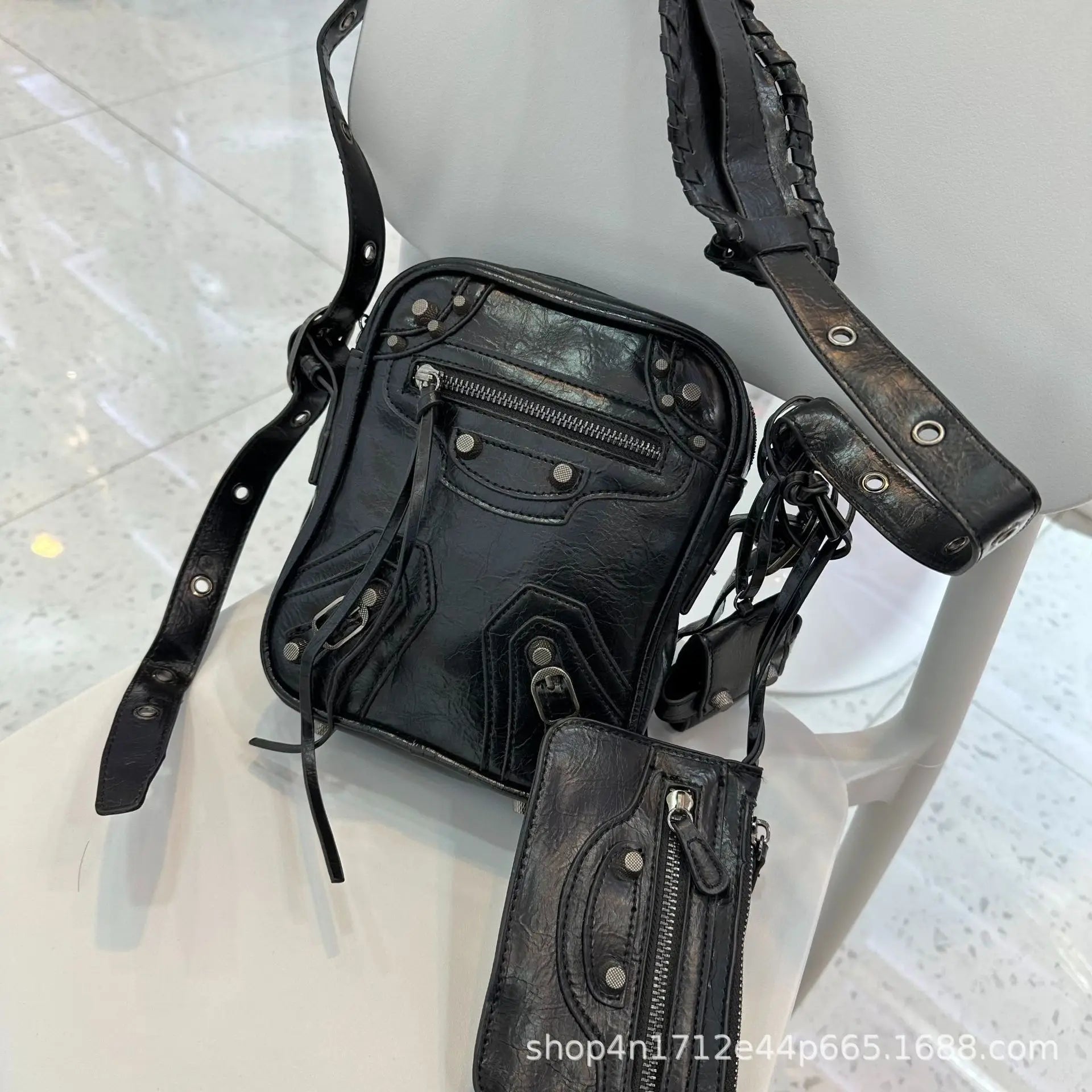 Leather Motorcycle Crossbody Bag Unisex Oil Wax Cowhide Rivet Flip Cover Street Style Soft Square Shape Shoulder Bag for Men...