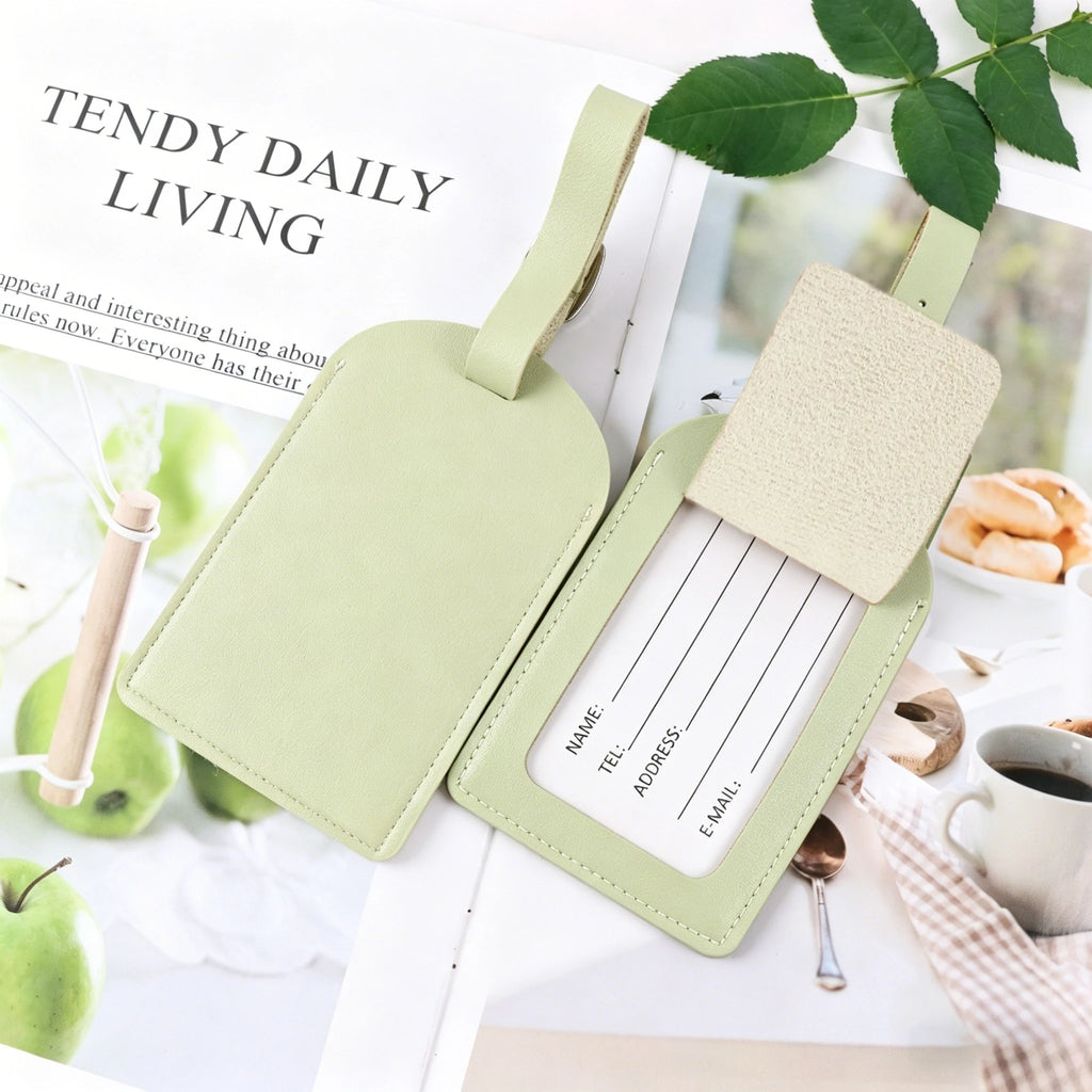 Fresh Light Green Leather Luggage Tag, Adjustable Anti-Lost Baggage Identifier Card, Essential Travel & Business Trip Accessory