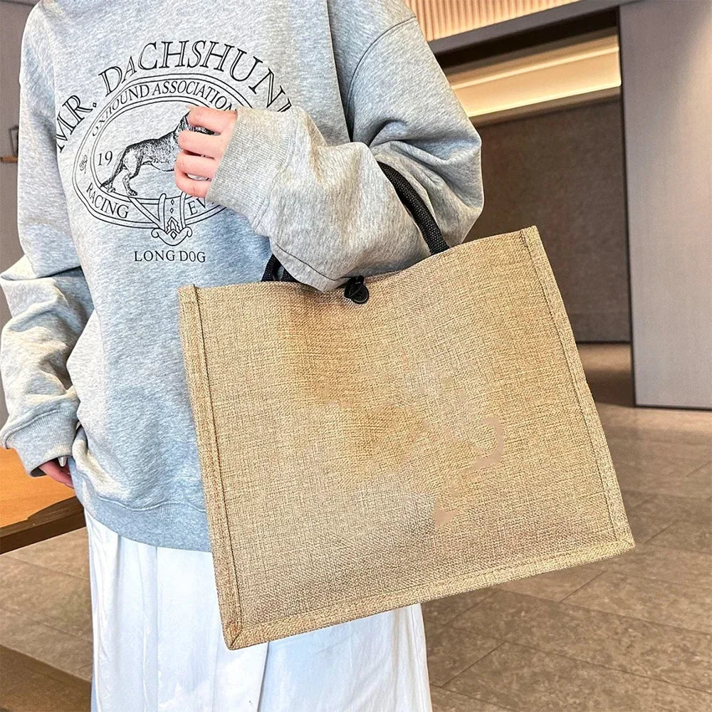 Flax Bag Fastener Handbag Organizer Storage Jute Tote Bags Imitation Cotton Women Valise Portable Floral Letter Printing Series