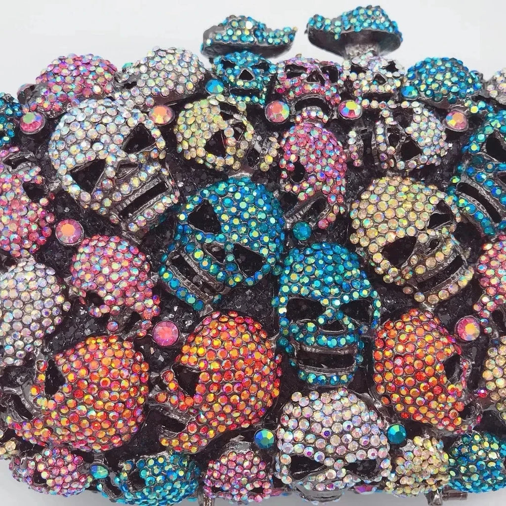 WHTUOHENG Skull Style Women Crystal Clutch Purse Metal Hard Box Handbag For Designer Rhinestone Female Diamond Party Prom Bags