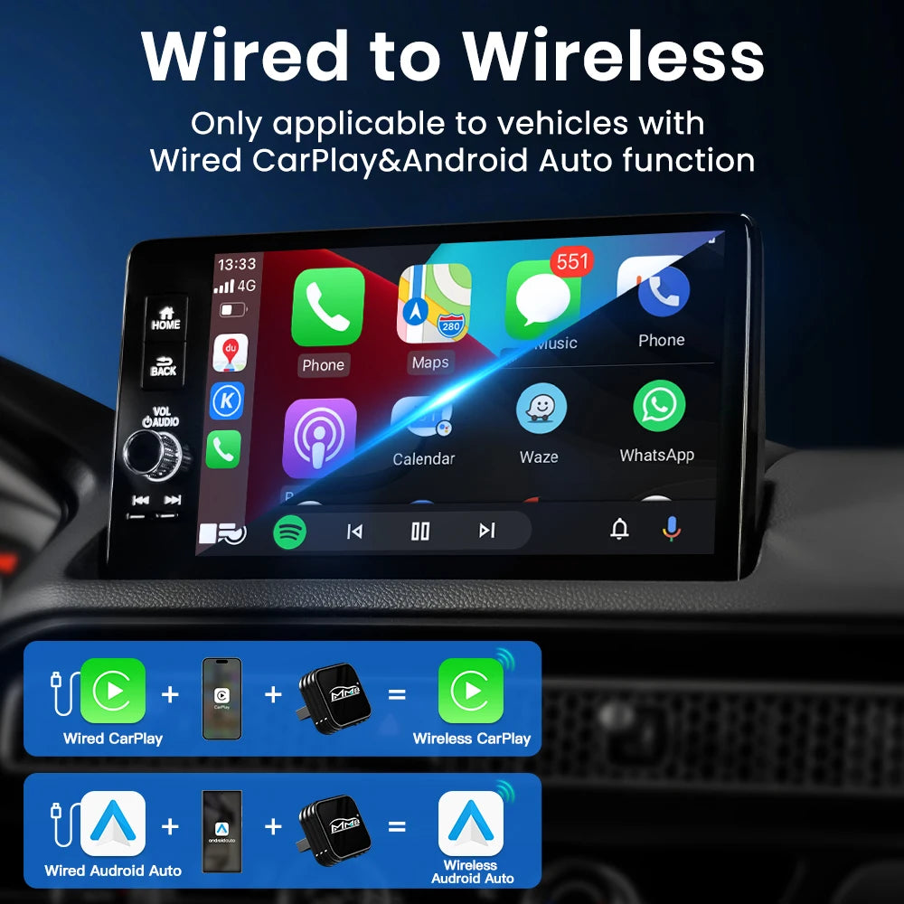 MMB Mini Ultra 2in1 Wireless CarPlay Adapter Android Auto Dongle Wired to Wireless CarPlay & Android Auto Plug&Play for 98% Cars