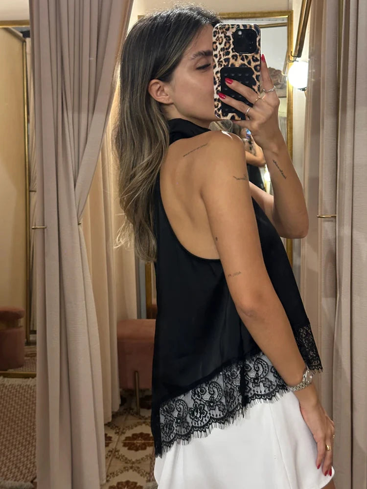 New Plus Size Elegant Black Satin Halter Neck Sleeveless Vest Korean Popular Asymmetrical Hem Lace Plus Size Top Women's Clothes