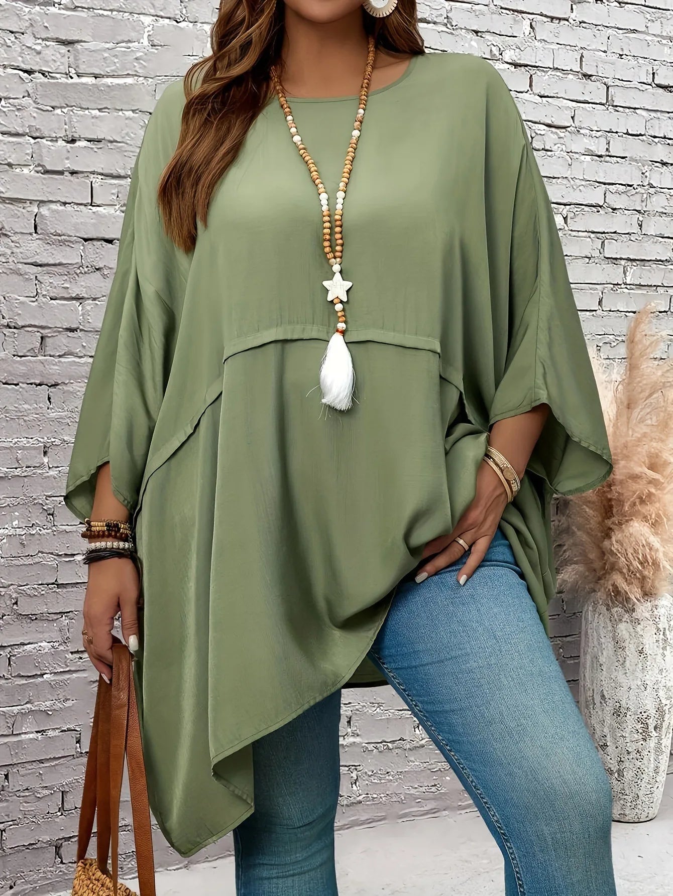 Plus-size women's clothing - solid-color loose crew-neck batwing sleeve top for spring and autumn casual vacations