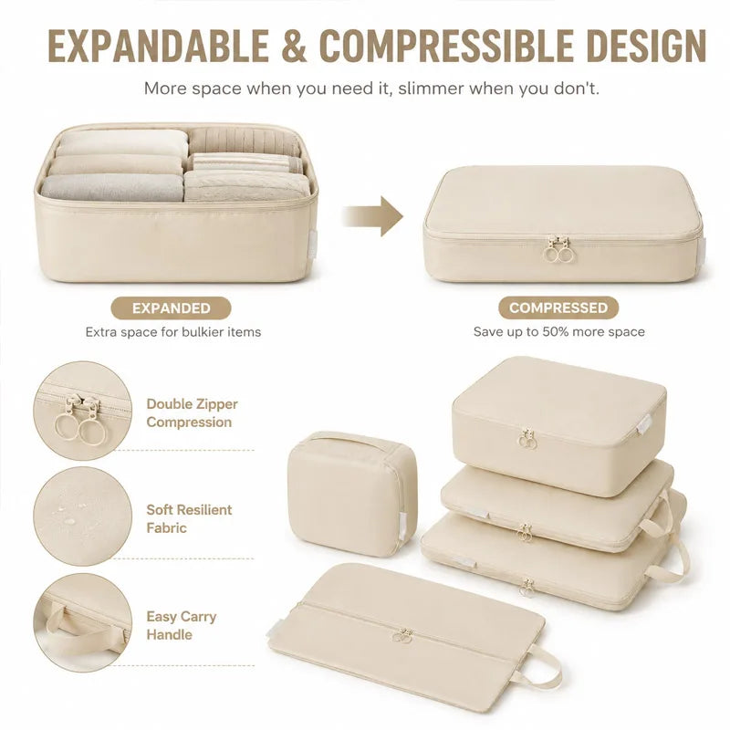 5pcs Compressible Space-Expanding Cube Clothing Luggage Storage Bag Set,Travel with Zipper, Suitable for Travel and Outdoor Use