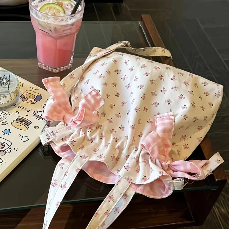 Floral Print Handbag with Adjustable Shoulder Strap and Bow Decoration - Versatile Crossbody Bag