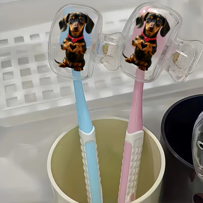 2pcs Cute Dachshund with Heart Pattern Portable Toothbrush Head Cover Storage Case Toothbrush Protective Cover Holder Party Gift