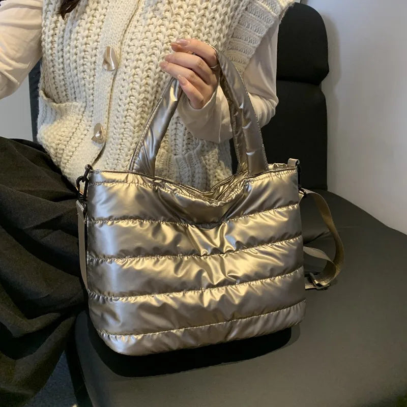 Puffer Quilted Tote Crossbody Bag Adjustable Wide Shoulder Strap Large Capacity Satin Down Handbag for Women Daily Use Commute