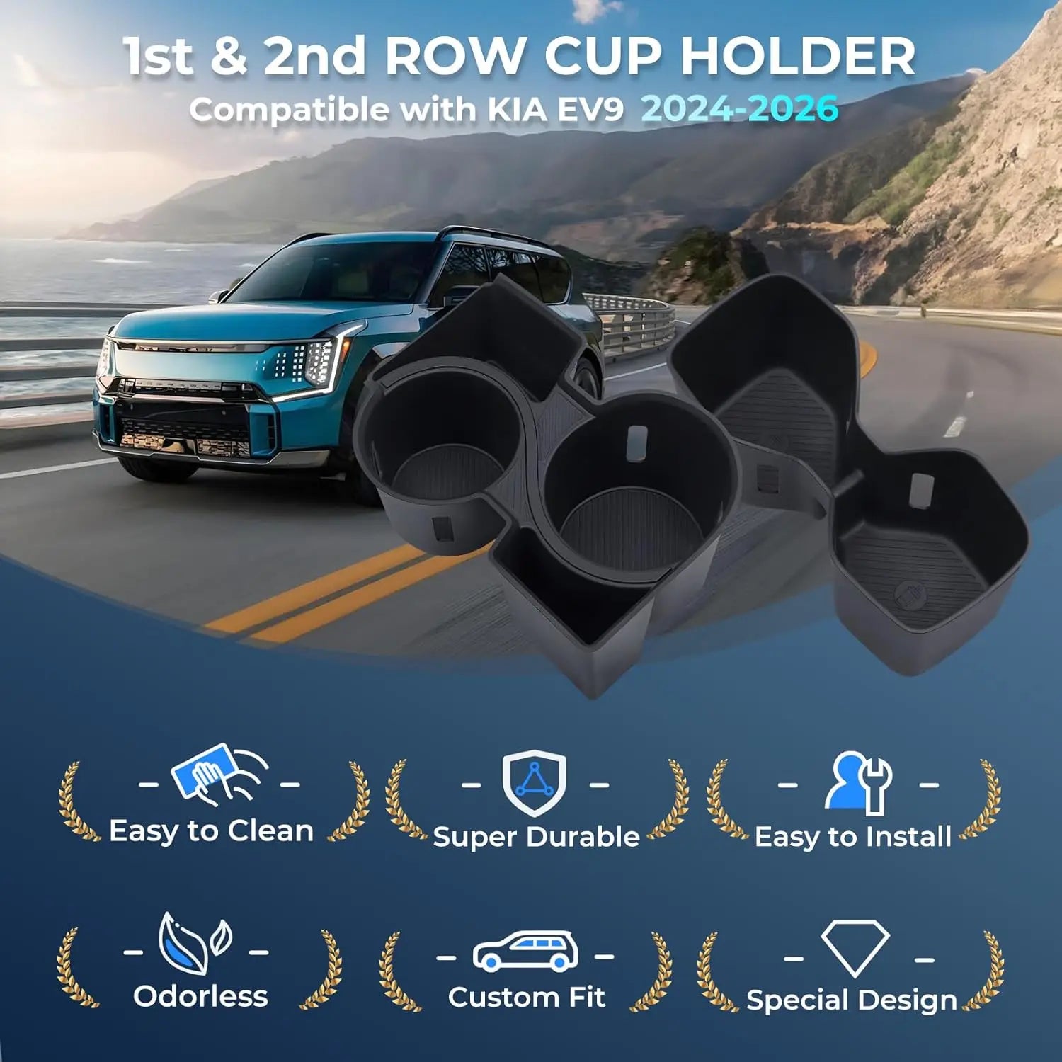 Cup Holder Inserts for KIA EV9 2024-2026 Land/GT-Line/GT TPE Center Console Front Rear Cup Holder Liner Protector  Accessories