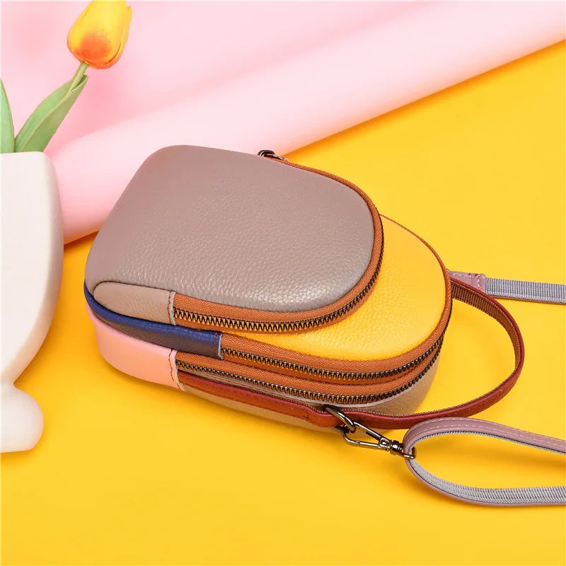 Leather mobile phone storage, hand-held crossbody bag with top layer cowhide color contrast, large capacity single-shoulder bag