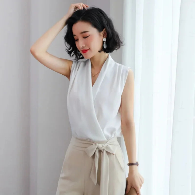 White V-neck satin shirt workplace commuting suit high-end top professional wear white shirt women in summer