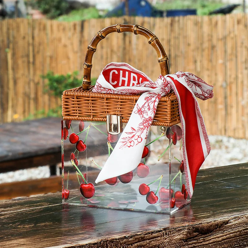 BEACH Summer Transparent Acrylic Box Printing Square Bag Bamboo Woven Handmade handle Gift Box Handbag Women Holiday Vacation
