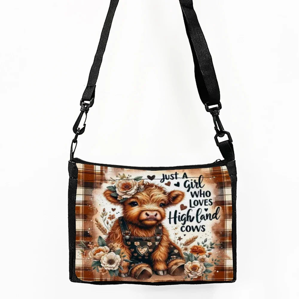 Highland Cow and Floral Pattern Crossbody Bag Polyester Fabric Handbag Cute High Quality Foldable Underarm Bag Adjustable Strap