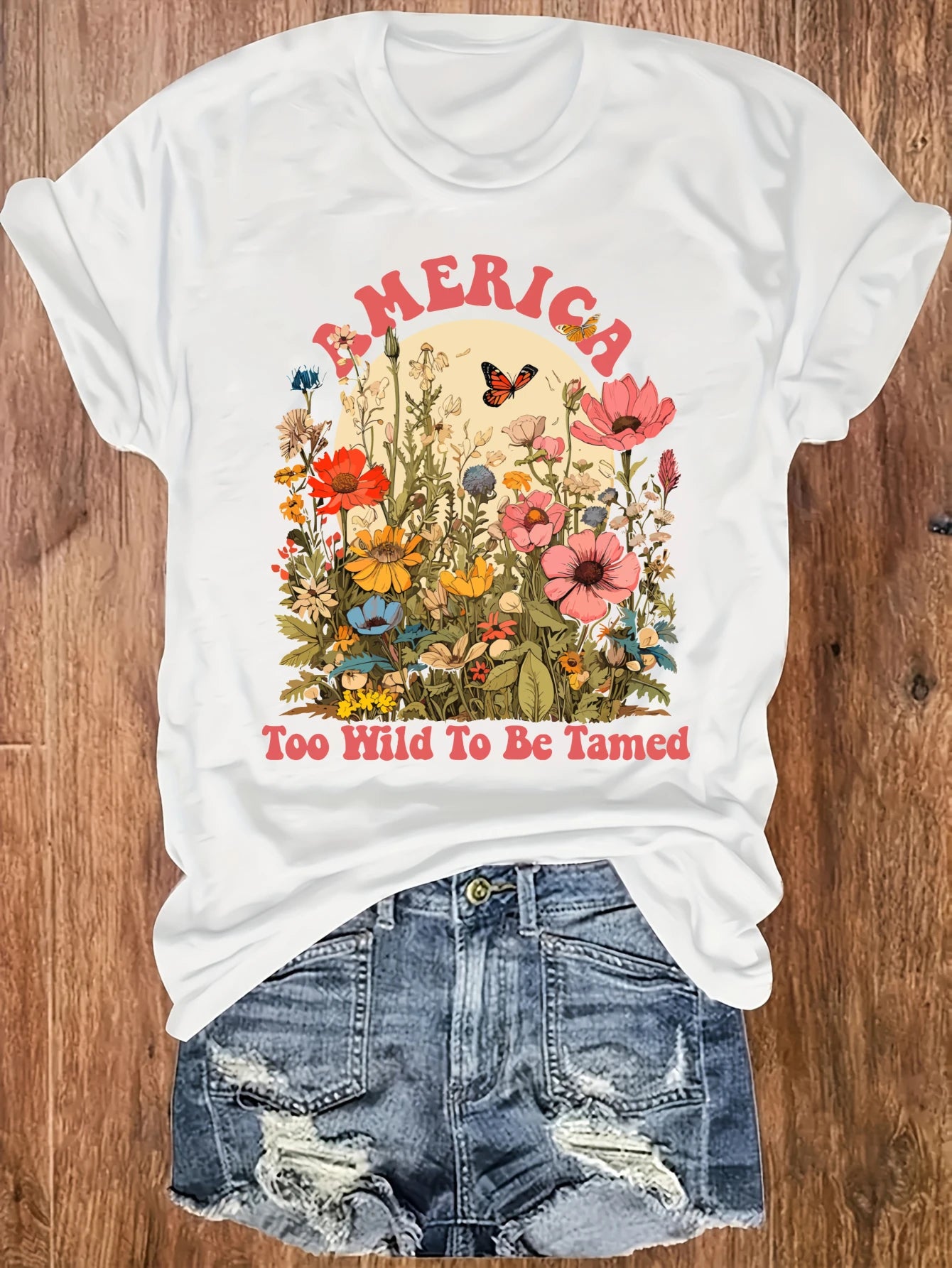 Women's plus size tank top America Wild Flowers Butterfly Text Suitable for sports and daily wear sleeveless casual top, summer