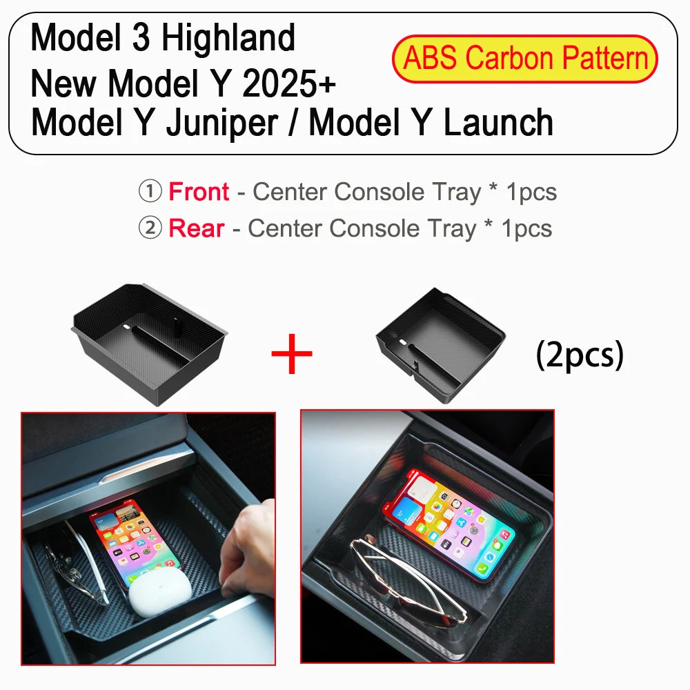 For Tesla New Model Y Juniper Launch 2025 Model 3 Highland Storage Box Organizer Center Console Trays Drawer Armrest Accessories