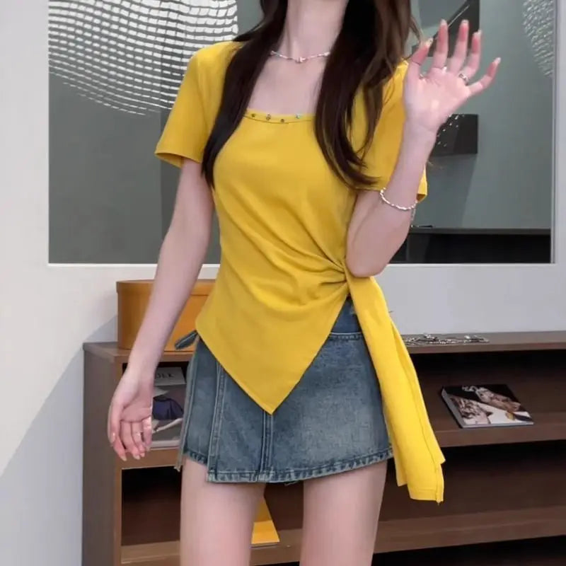Large size women's clothing summer new solid color commuter style casual square collar split irregular short-sleeved T-shirt