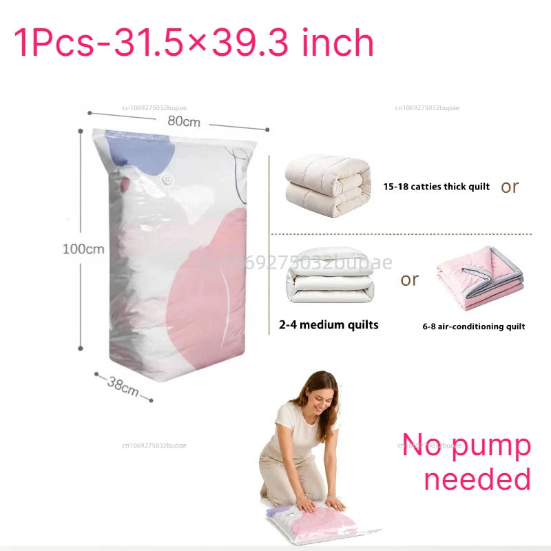 No Pump Vacuum Compression Bag  Space Saving Compression Bag Reusable Visible Organizer Quilt Blanket Clothes Wardrobe Storage