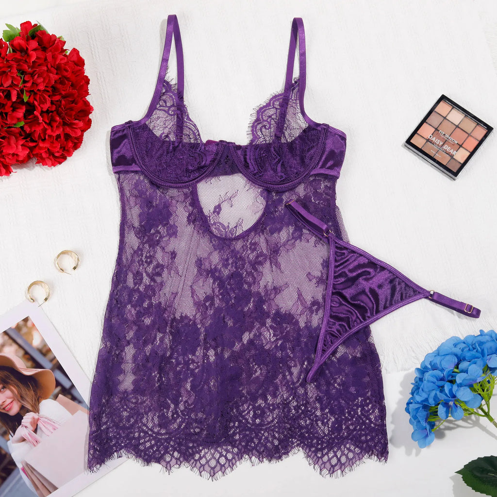 Ellolace Seductive Women's Casual Dresses Tempted Deep V Mini Dress Thong 2PC Hot Sheer Lace Lingerie Sexy Sensual Sleep Gown