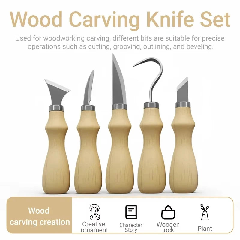 5pc Wood Carving Tools Set Oak Handle Curved Knife For Arts Crafts Tools For Hand Carving Wood Sharp Portable Natural Wood Color