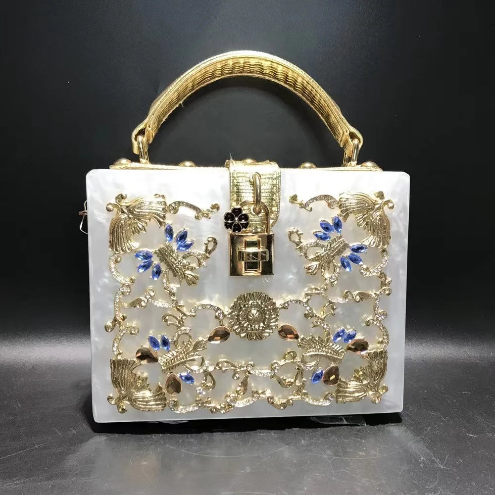 Luxury Designer Shimmer Acrylic Box Glitter Rhinestones Diamond Evening Bag Wedding Party Clutch Purse Shoulder Messenger Bag