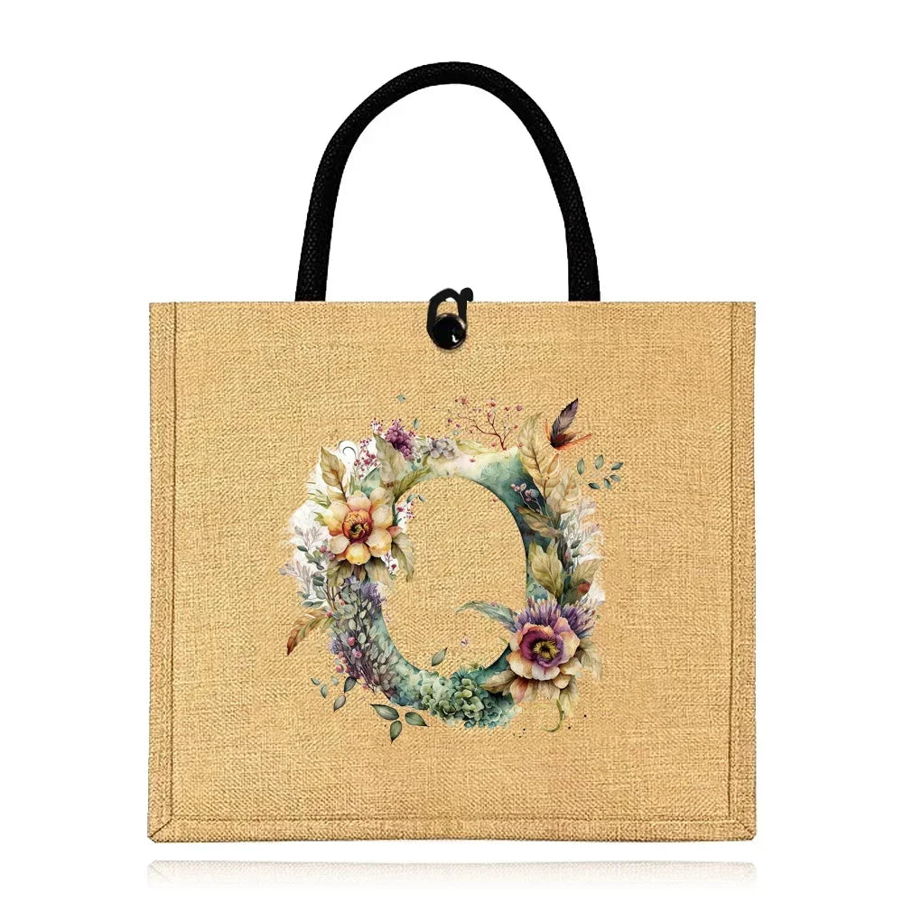 Flax Bag Fastener Handbag Organizer Storage Jute Tote Bags Imitation Cotton Women Valise Portable Floral Letter Printing Series