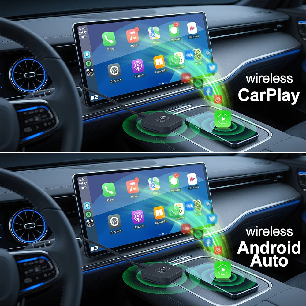 2 in 1 Wireless CarPlay Apple Adapter Android Auto Mini Universal Car USB Dongle Plug & Play New Smart AI Box KowanKit 2025
