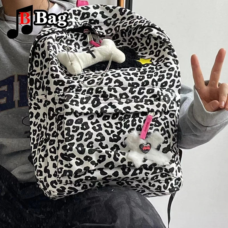 Y2K Millennial Spice Girl Schoolbag Large Capacity Commuter Leopard Vintage Versatile Campus Backpack Student woman Harajuku