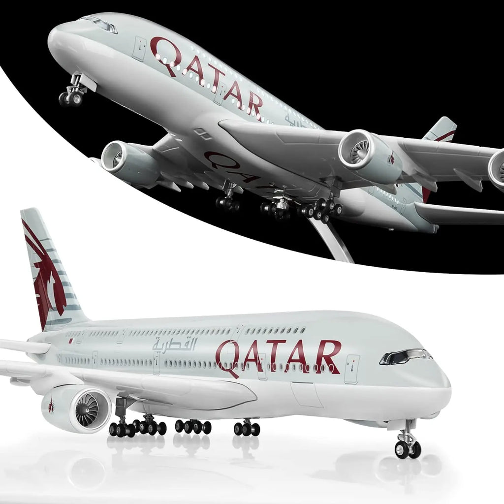 1/160 Scale A380 Qatar Airline Die-Cast Airplane Model 45.5cm with Light & Wheels Resin Collectible Aircraft Model