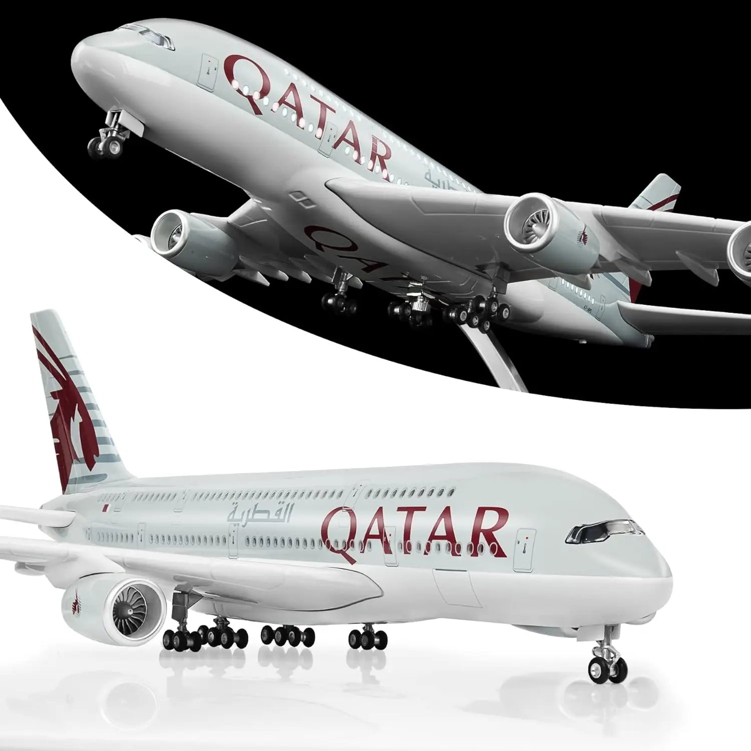 1/160 Scale A380 Qatar Airline Die-Cast Airplane Model 45.5cm with Light & Wheels Resin Collectible Aircraft Model