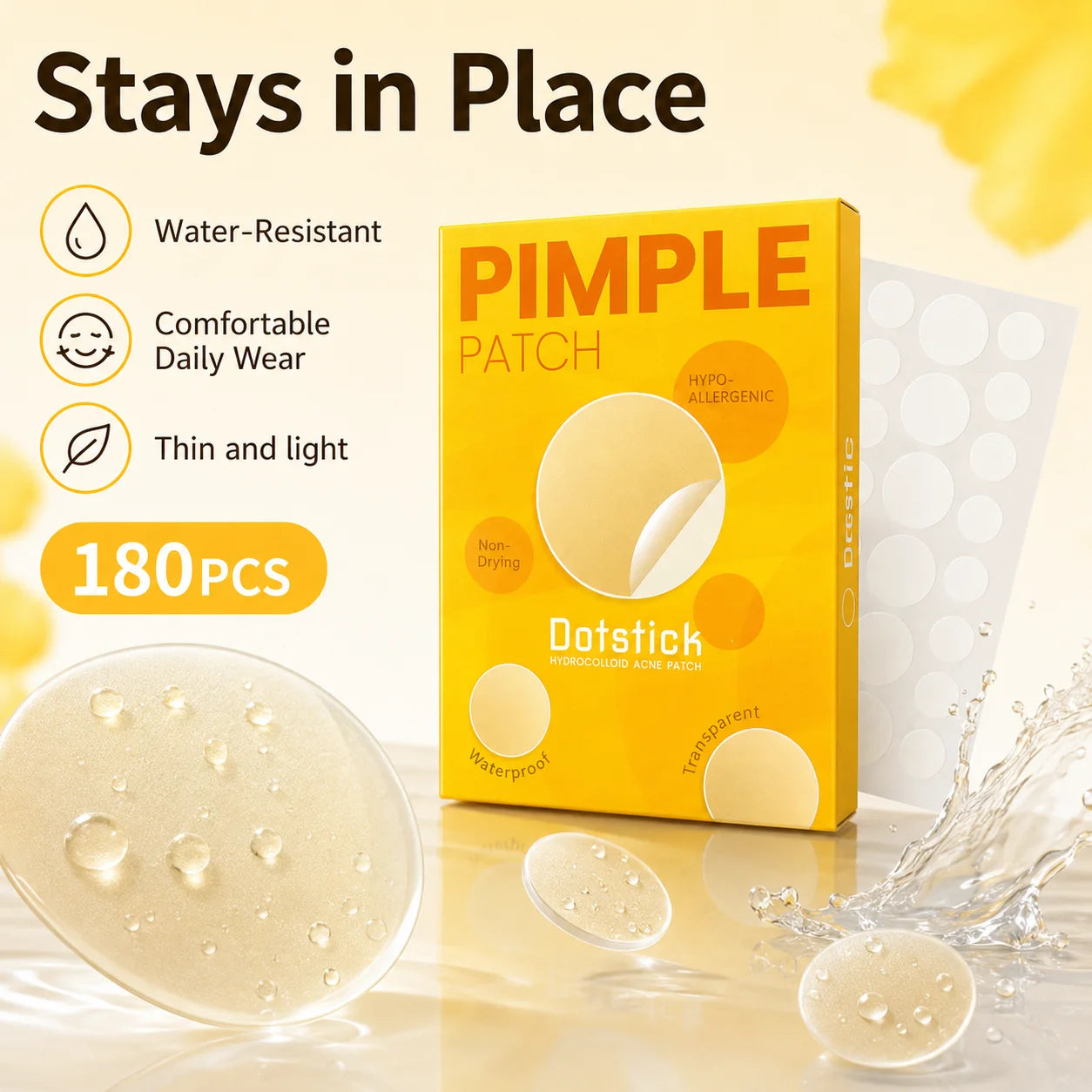 80PCS Round Acne Patches White Hydrocolloid Pimple Spot Cover Stickers Yellow Box Waterproof Face Body Skin Care