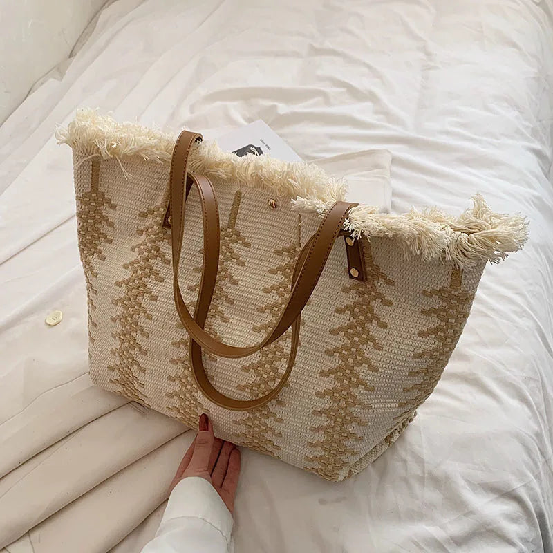 Women's 2026 New Tassel Knitted Canvas Handbag Versatile Multi in One Commuter Shoulder Bag Retro Lazy Style Casual Tote Bag