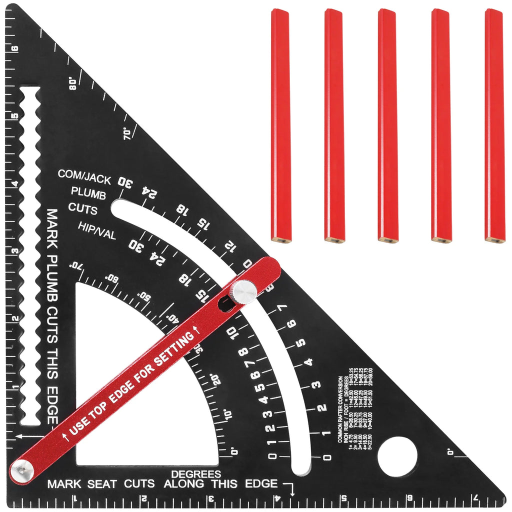 7'' Woodworking Triangle Ruler Aluminum Alloy Rafter Square Adjustable Triangle Ruler with Pencil for Measuring Woodworking Tool