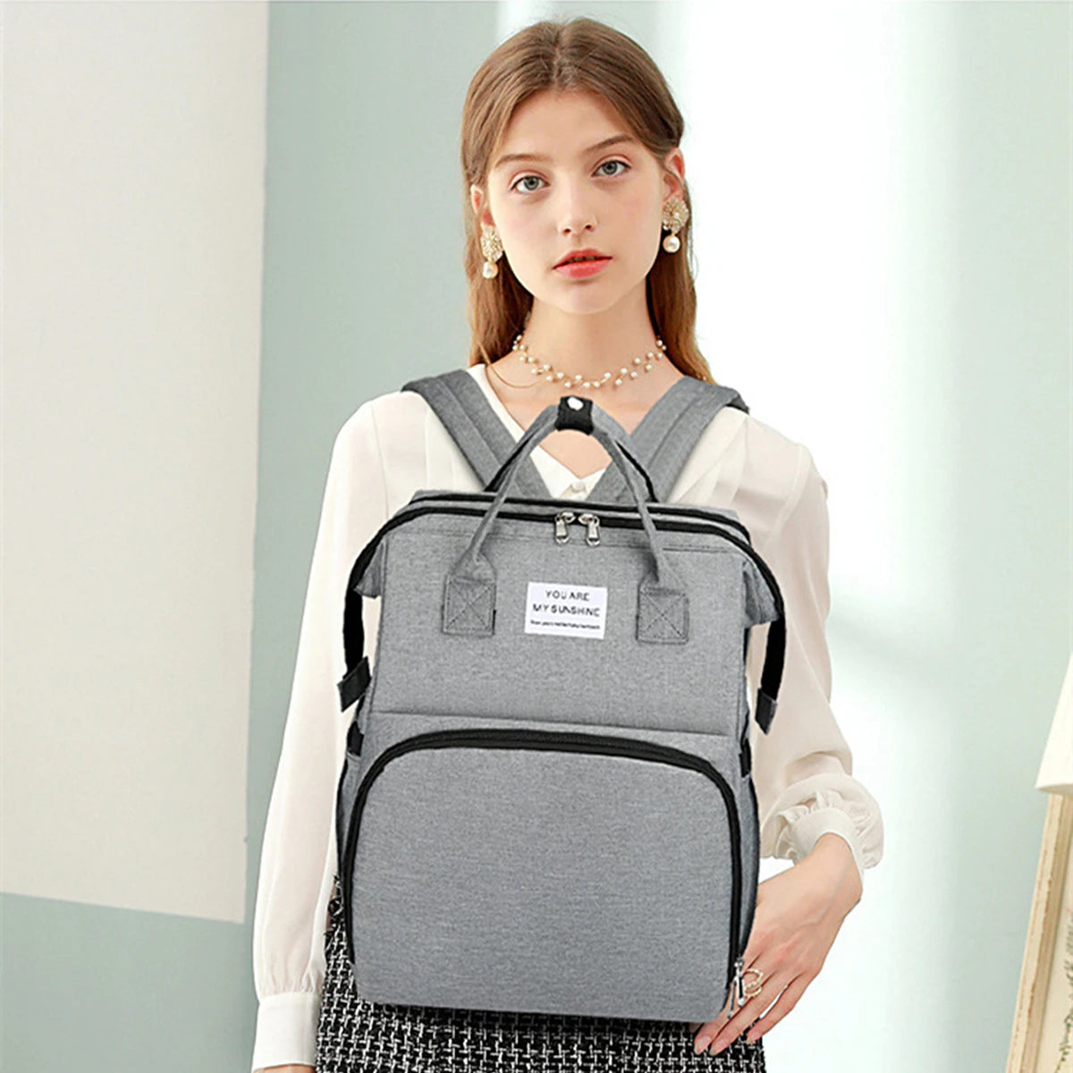Foldable Bed Diaper Bag with Changing Station Insulated Pocket and Large Capacity Multifunctional Double Shoulder Mommy Bag