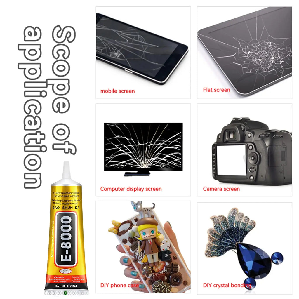 E-8000 15/50/110ML Transparent Phone Screen Repair Glue E8000 Universal Glass Plastic DIY Adhesive With Precision Applicator Elastic Glue Tools Includes tweezers.
