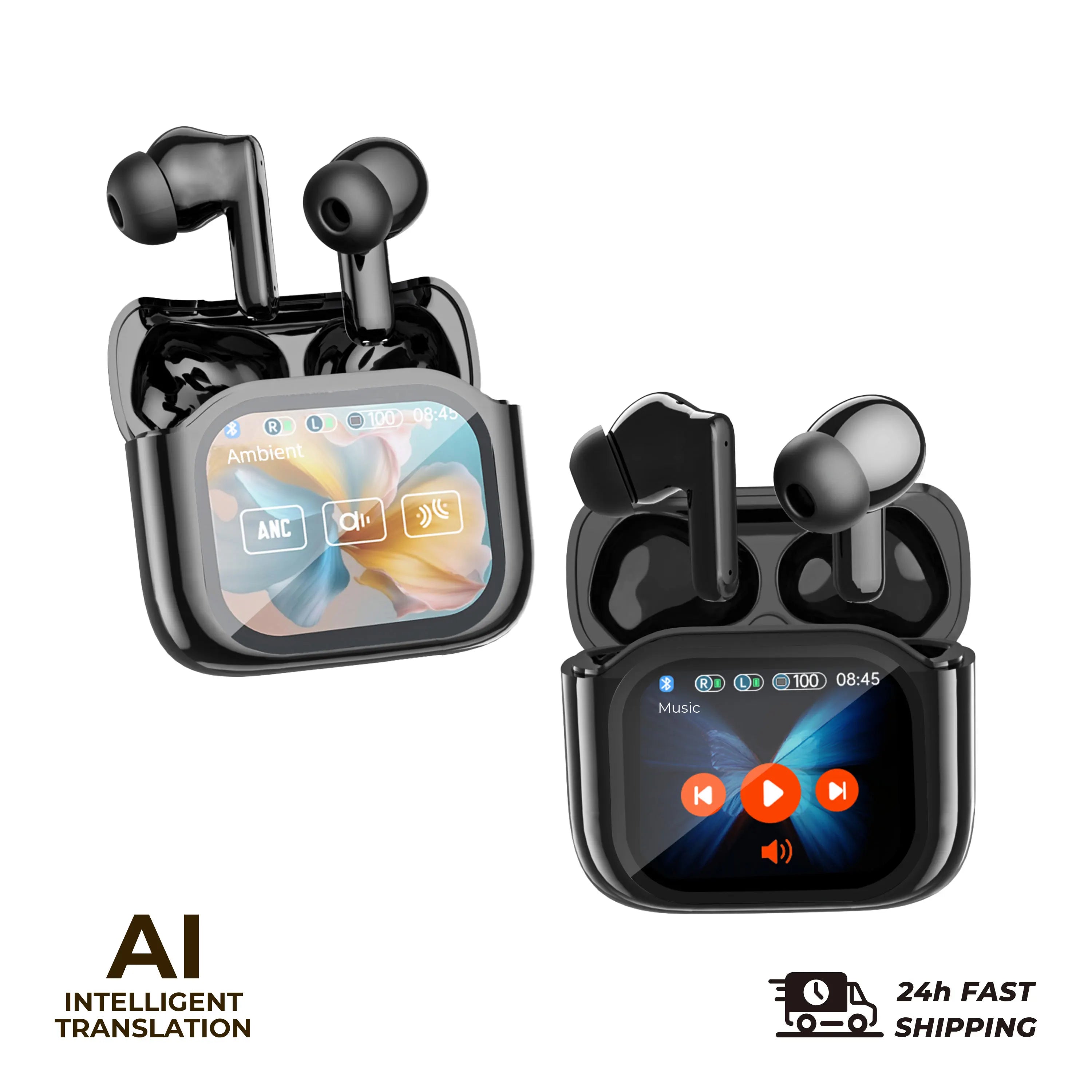 2PCS Touch Screen Translation Headphones 144 Languages Two-Way Real Time Translator Headsets Travel Business Bluetooth Earbuds