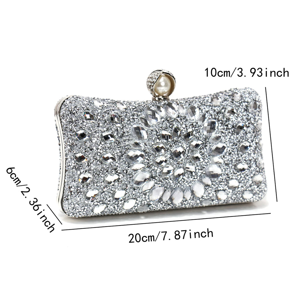 Golden Metal Pearl Rhinestones Glitter Evening Bags Small Lady Prom Dinner Luxury Night Gift Girlfriend Purse Acrylic Diamonds E