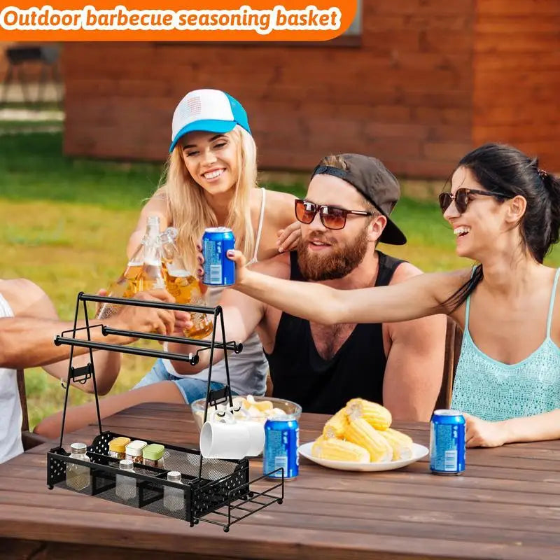 BBQ Caddy For Outdoor Picnic Condiment Organizer Basket Barbecue Tool Caddy Camping Must-Haves Storage Caddy For Camping Park