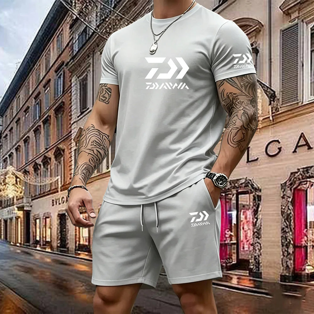 2026 Summer New Men's Fashion Outdoor Sports Set Printed Short Sleeve T-shirt+Shorts Loose Home Leisure Two Piece Set
