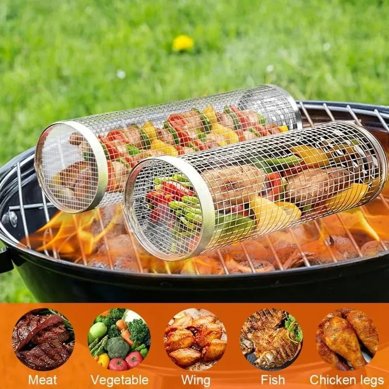 Stainless Steel Rolling Barbecue Basket Cylindrical Barbecue Basket Wire Mesh Portable Outdoor Barbecue Grill