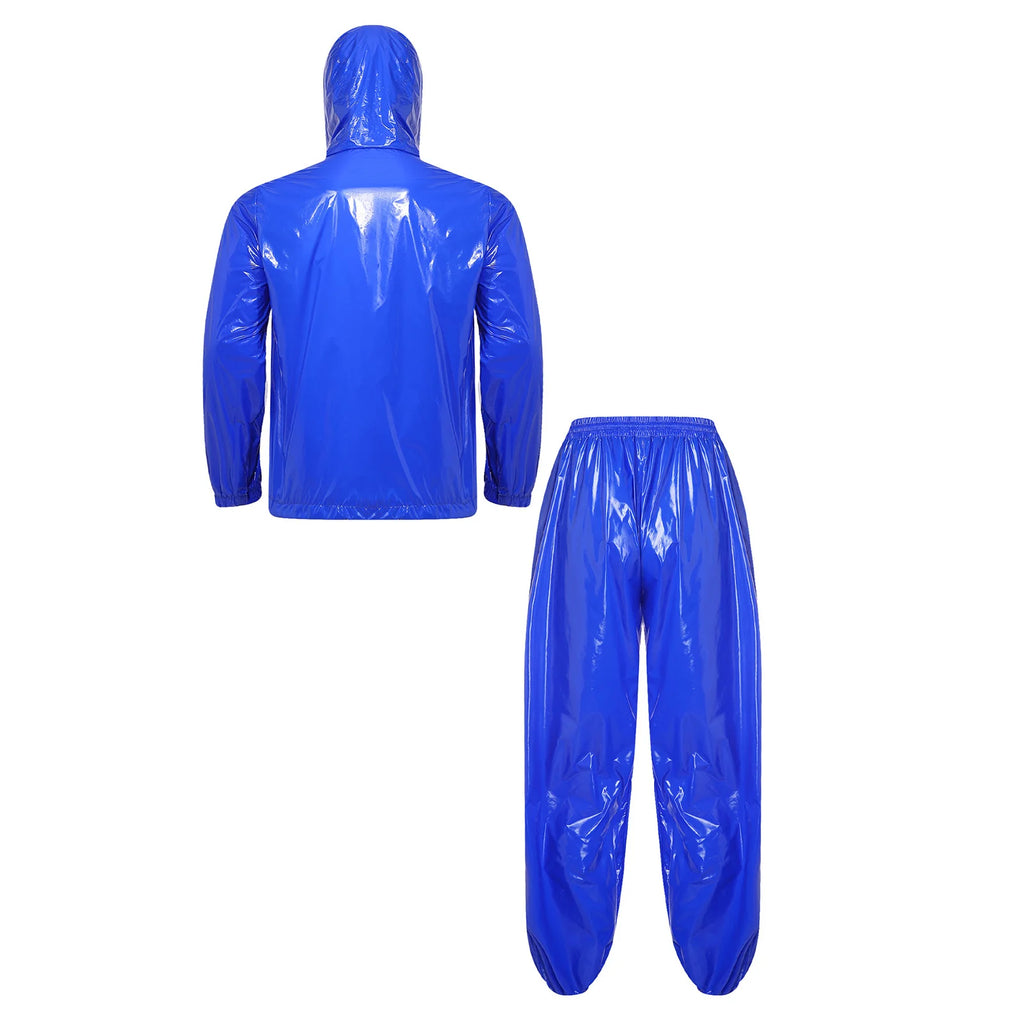 Mens Waterproof Tracksuit Sauna Sweat Outfit Zipper Pocket Hoodie Sweatshirt Windbreaker And Jogging Pants Rainwear Sportswear