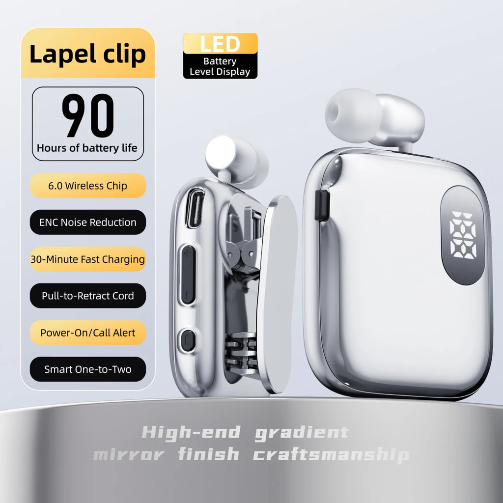 90H Playtime Bluetooth Headset V6 ENC Noise Canceling LED Power Display Retractable Lapel Clip Earphone for Meeting Driving K91